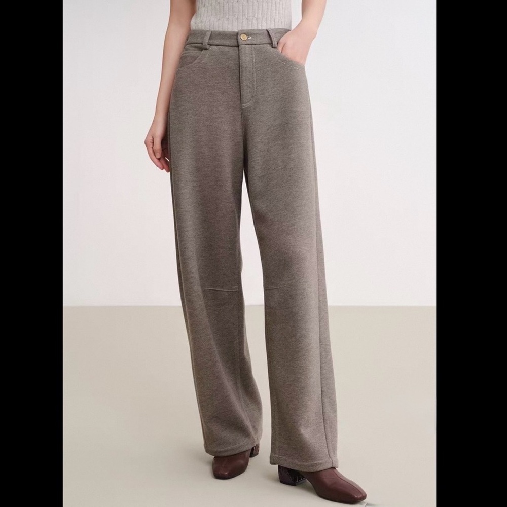 Beige Heavy Weight Straight Leg Pants with Wool